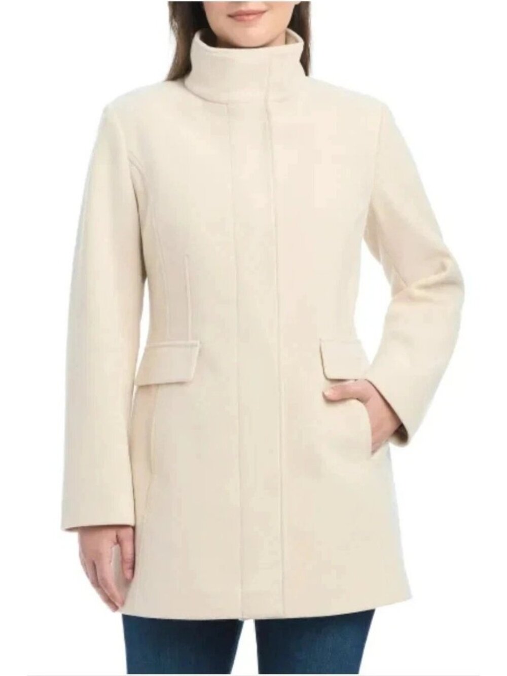 NWOT Vince Camuto Women's L Pea Coat Beige Polyester Blend Full Zip